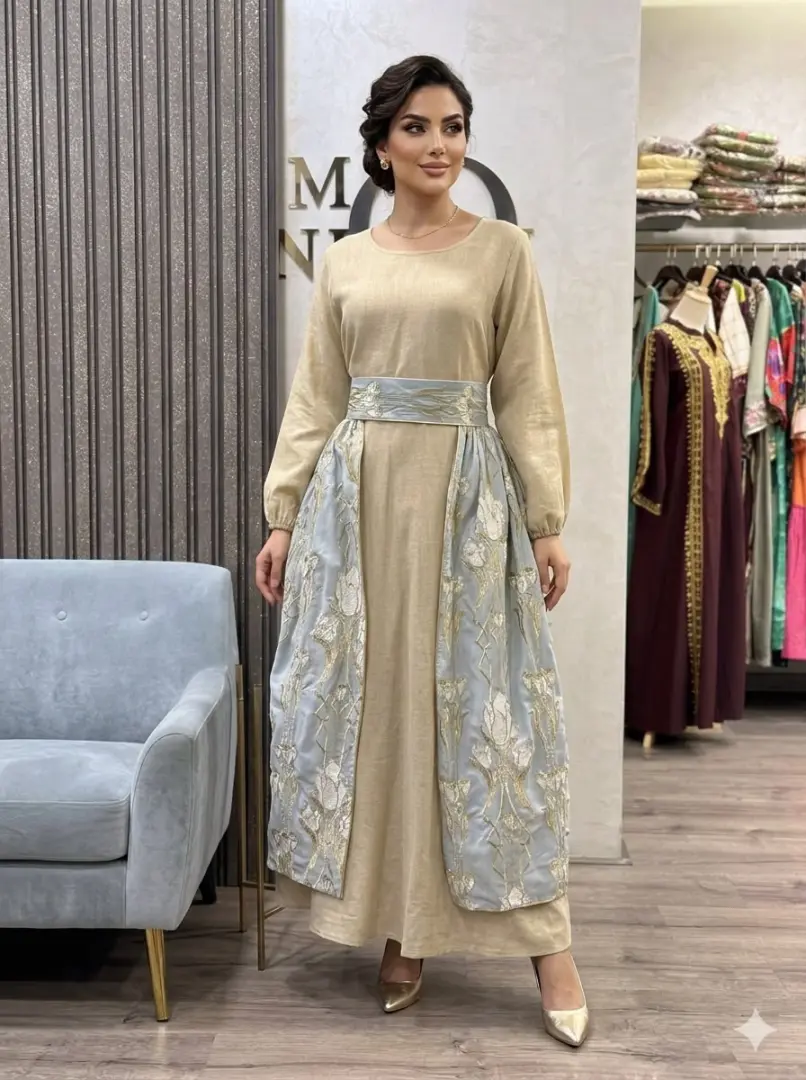 جلابية لينن مع تنورة رصاصية مطرزة